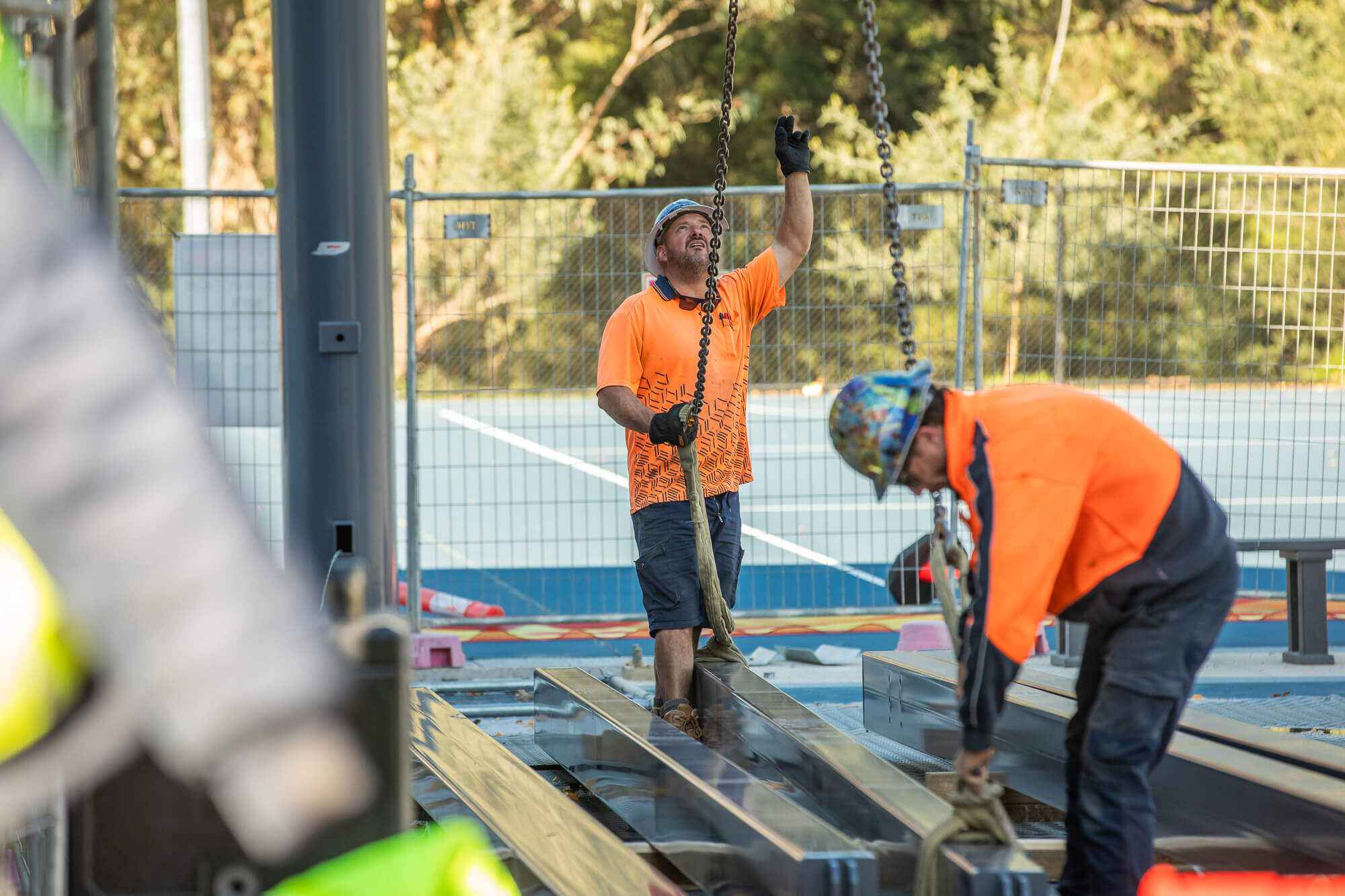 Greenline Construction Team onsite installing the structural steel for the Covered Netball Courts at Diamond Creek