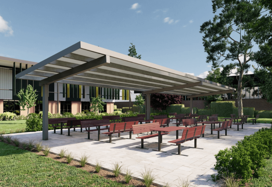 Illustration of a cantilevered polycarbonate roof supported by three steel posts.