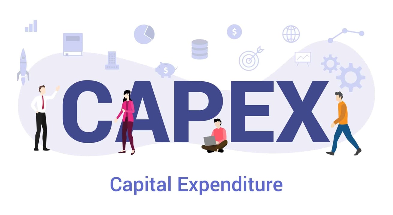 Conceptual illustration of CAPEX (Capital Expenditure), showing the term surrounded by business professionals and icons that represent financial planning, assets, and growth.