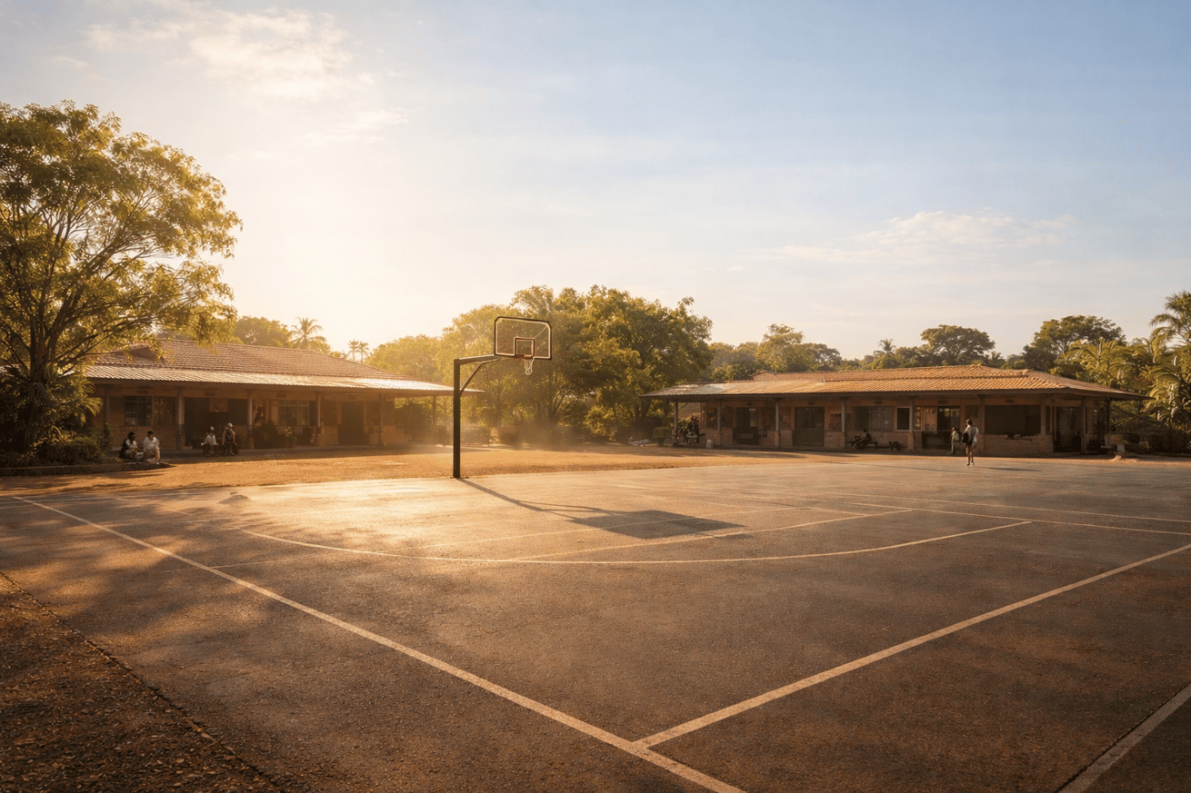 Wide-angle photograph of an Australian school outdoor basketball court in summer, fully exposed to harsh sunlight with visible heat haze. The court is largely unused, while small groups of students sit and gather in shaded walkways and verandas around the perimeter, highlighting the contrast between exposed and shaded areas and the underutilisation of the space.