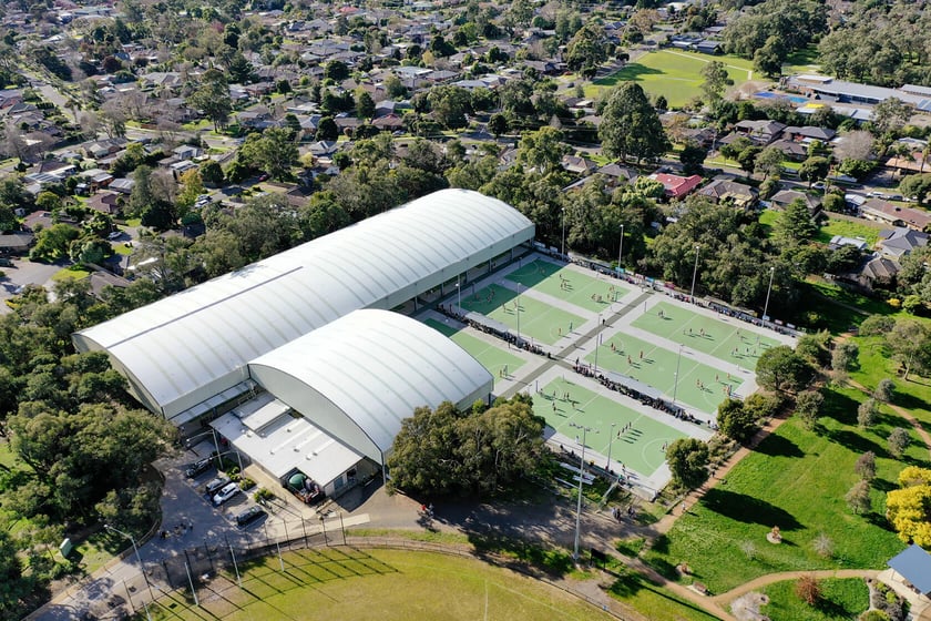 Drone photograph of Pinks Reserve Netball Courts and Roof over courts