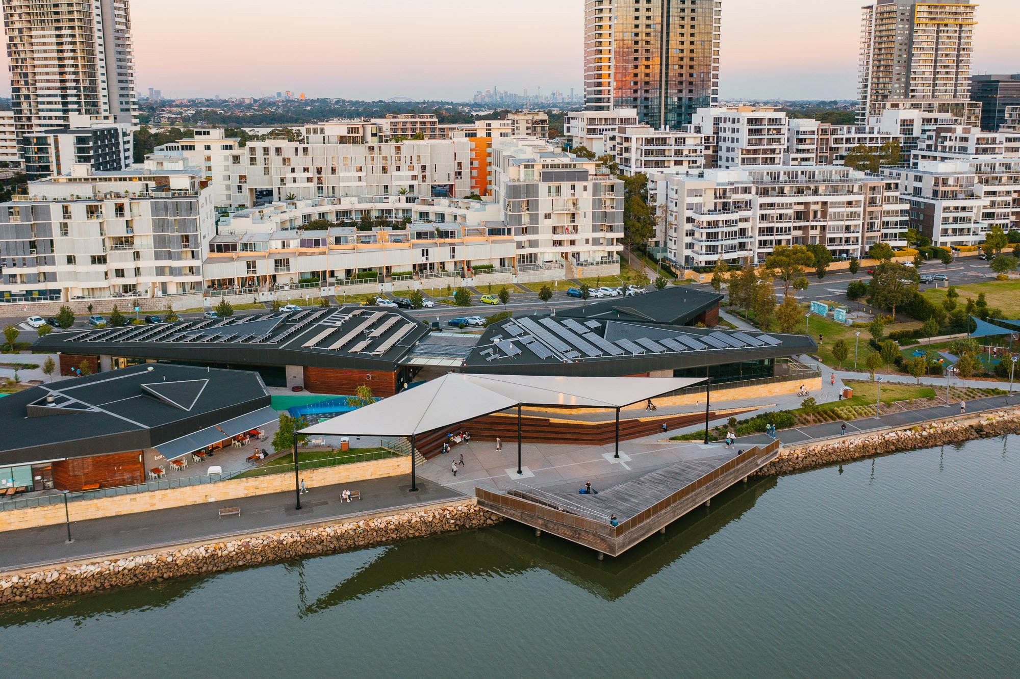 Drone photo of the structure at Rhodes with the surrounding buildings in the background. 