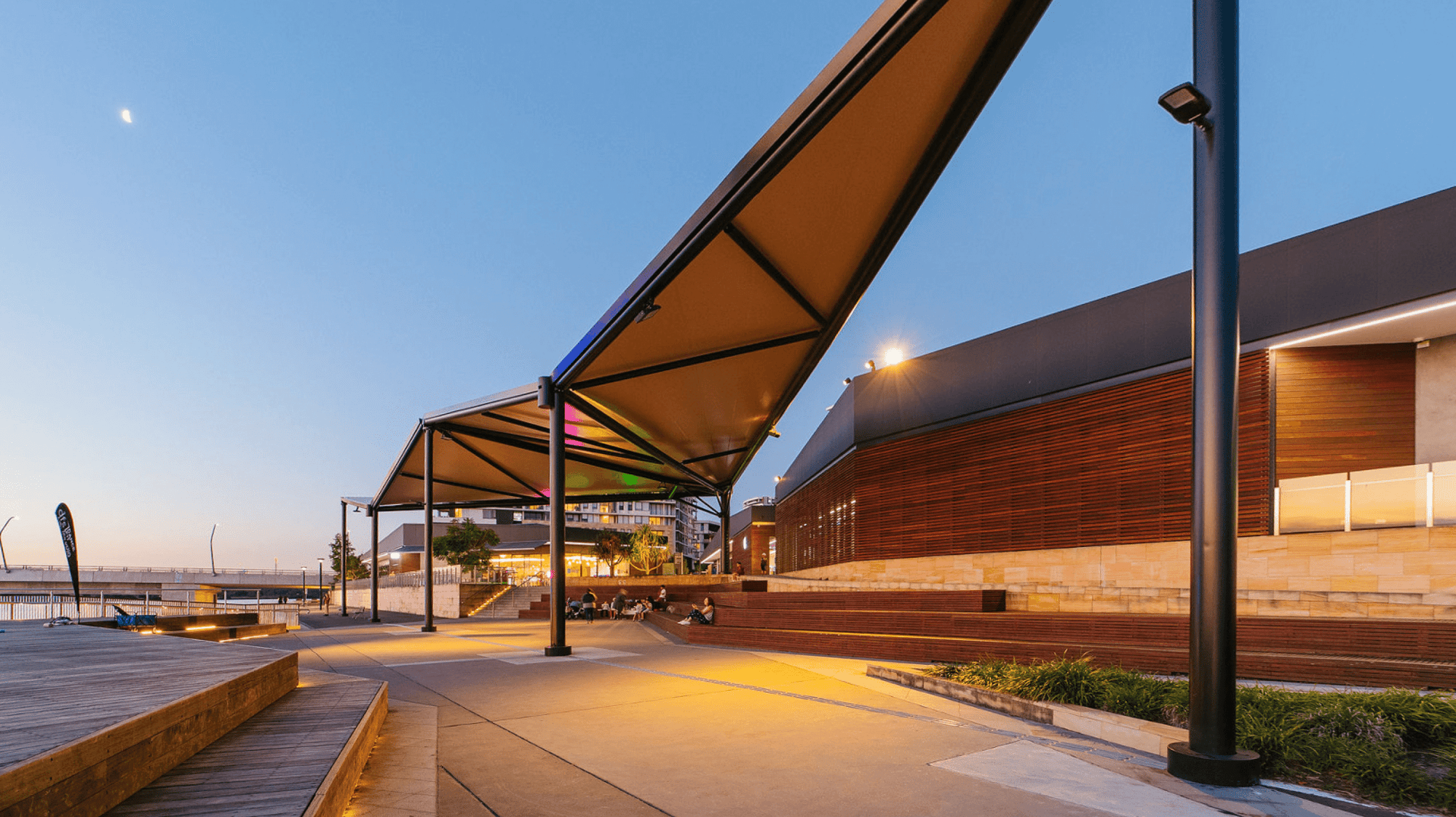 Photo of the custom structure over the Amphitheatre at the Connection on the Rhodes foreshore. 
