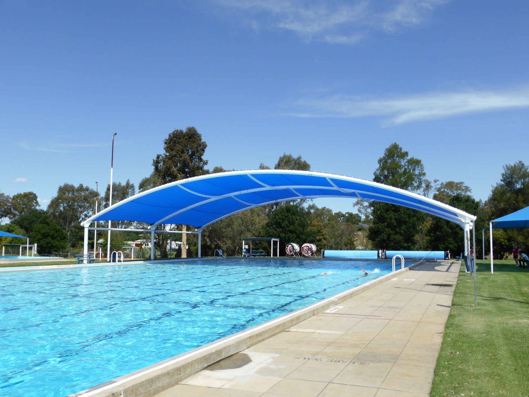 Photo of the shade cover over Seymour Pool. 